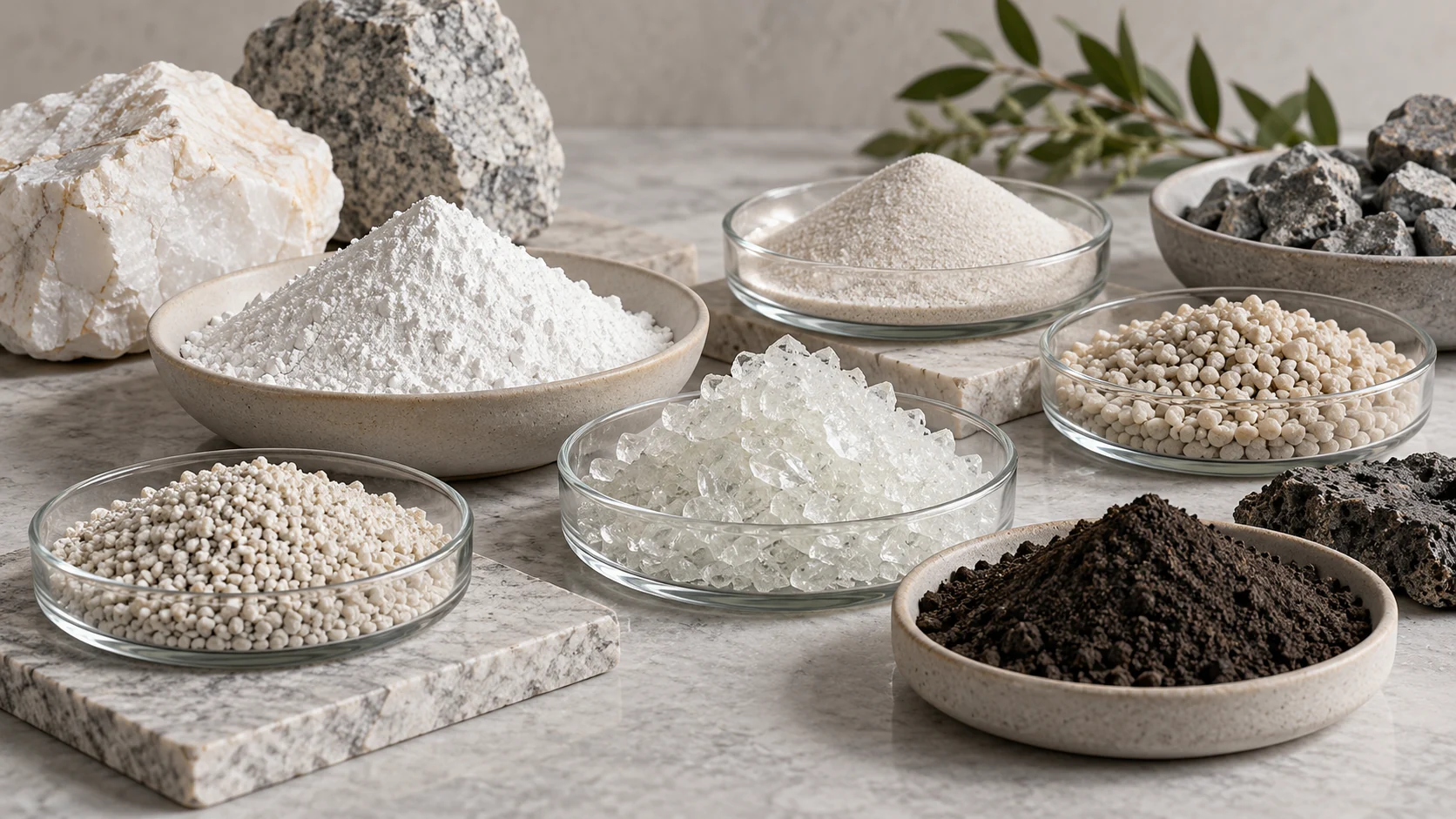 Mineral powders, granules and stone specimens arranged for examination