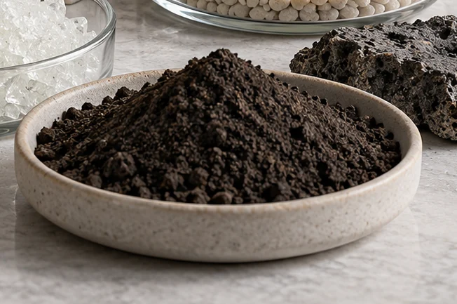 Dark mineral powder prepared for examination